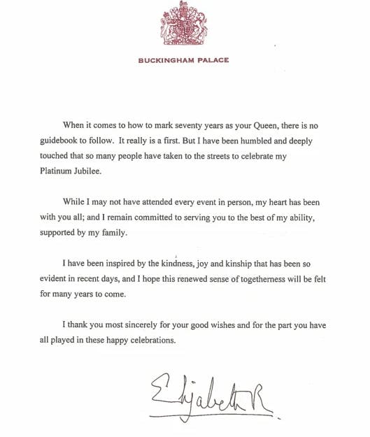 Dronningen har sendt sin tak til folket. 