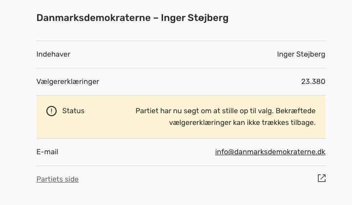 Inger Støjberg kan nu officielt stille op med sit nye parti Danmarksdemokraterne.