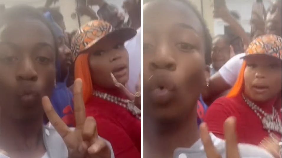 Screenshot fra videoen, hvor Nicki Minaj skubber til en fan, der kommer for tæt på.