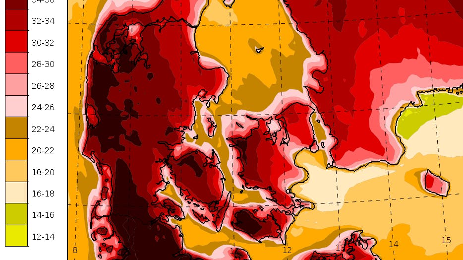 Mon varmerekorden bliver slået i dag? Vi skal over de 36,4 grader, hvis de skal ske og lige nu er er det Odense, der har målt den højeste temperatur. 