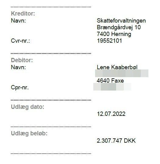 Sådan ser kravet mod forfatteren ud i tinglysningen, som har registreret det på hendes folkeregisteradresse og ejendom i Faxe. Der er sket et lignende udlæg i hendes fritidsejendom på Strynø. Begge krav blev registreret 12. juli 2022 af Skat i Hernin