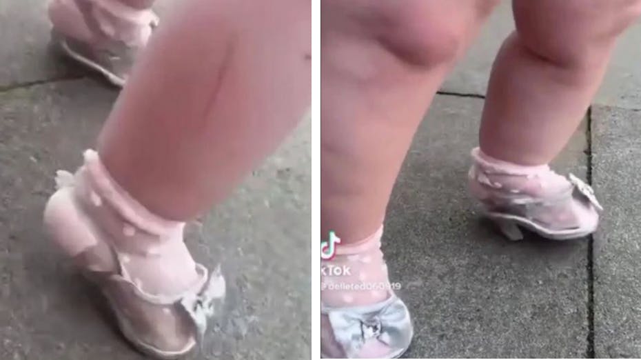En mor får hug, fordi hun har iført sin lille pige i disse sko. nbsp;