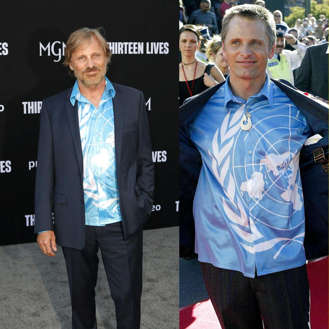 Viggo Mortensen i samme skjorte til premiere på "Thirteen Lives" i 2022 og "Ringenens Herre: Kongen Vender Tilbage" i 2003.