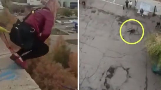 En gift kvinde og mor til tre børn sprang i døden foran sin chokerede mand i en forfærdelig bungyjump-ulykke.