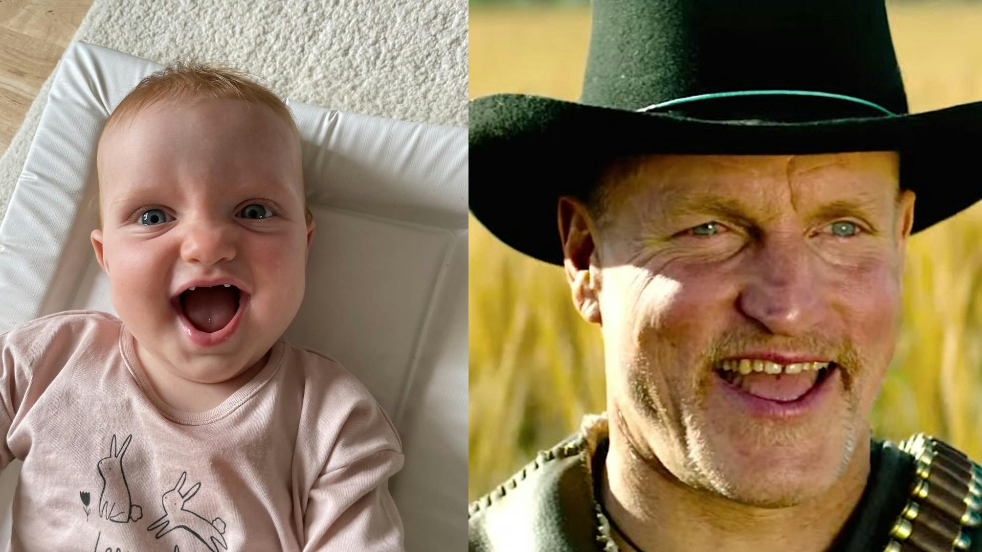 - Du har et smukt smil. Jeg ville ønske, jeg havde dit hår, skriver Harrelson i sin hyldest til sin lille kopi