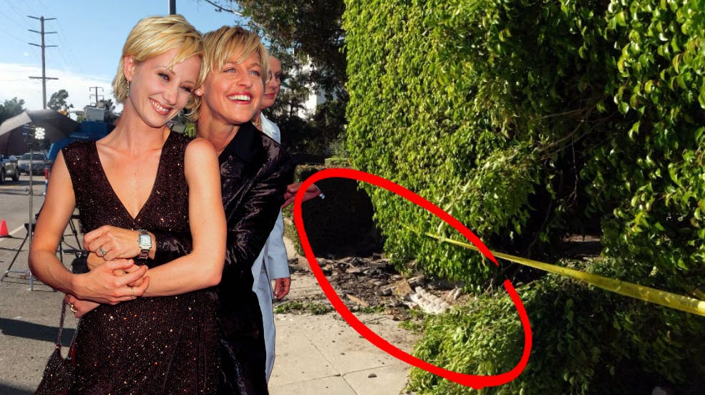 Man kan stadig se de voldsomme spor efter bilbranden foran det hus, som Ellens ekskæreste, Anne Heche, fredag kørte direkte ind i.