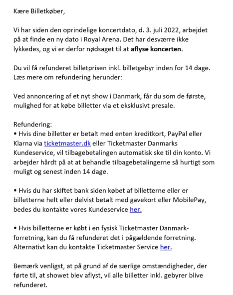 Mailen, som Ticketmaster har sendt til alle, der havde billetter til koncerten.