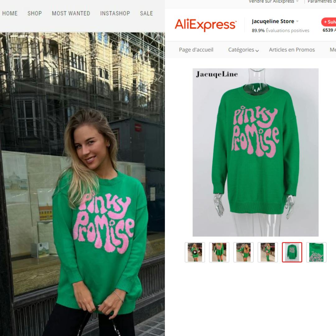 Til venstre ses sweateren, som sælges på Itsprettylikeyou.com, og til højre ses sweateren, der sælges på Aliexpress. 