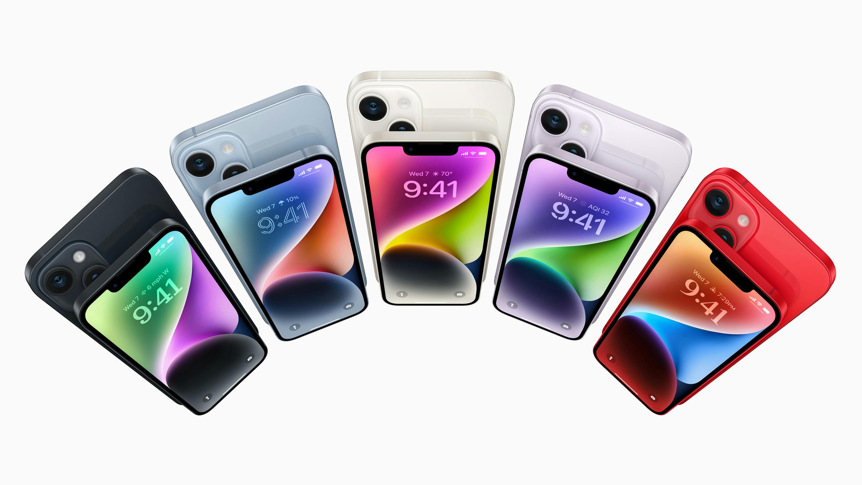 Sådan ser farvemulighederne ud i iPhone 14 med 6,1 tommers display og iPhone 14 Plus med 6,7 tommers display.