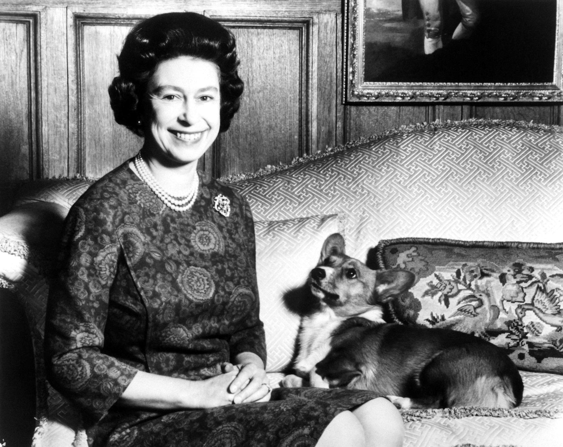 Dronningen i februar 1970 sammen med én af sine hunde.
