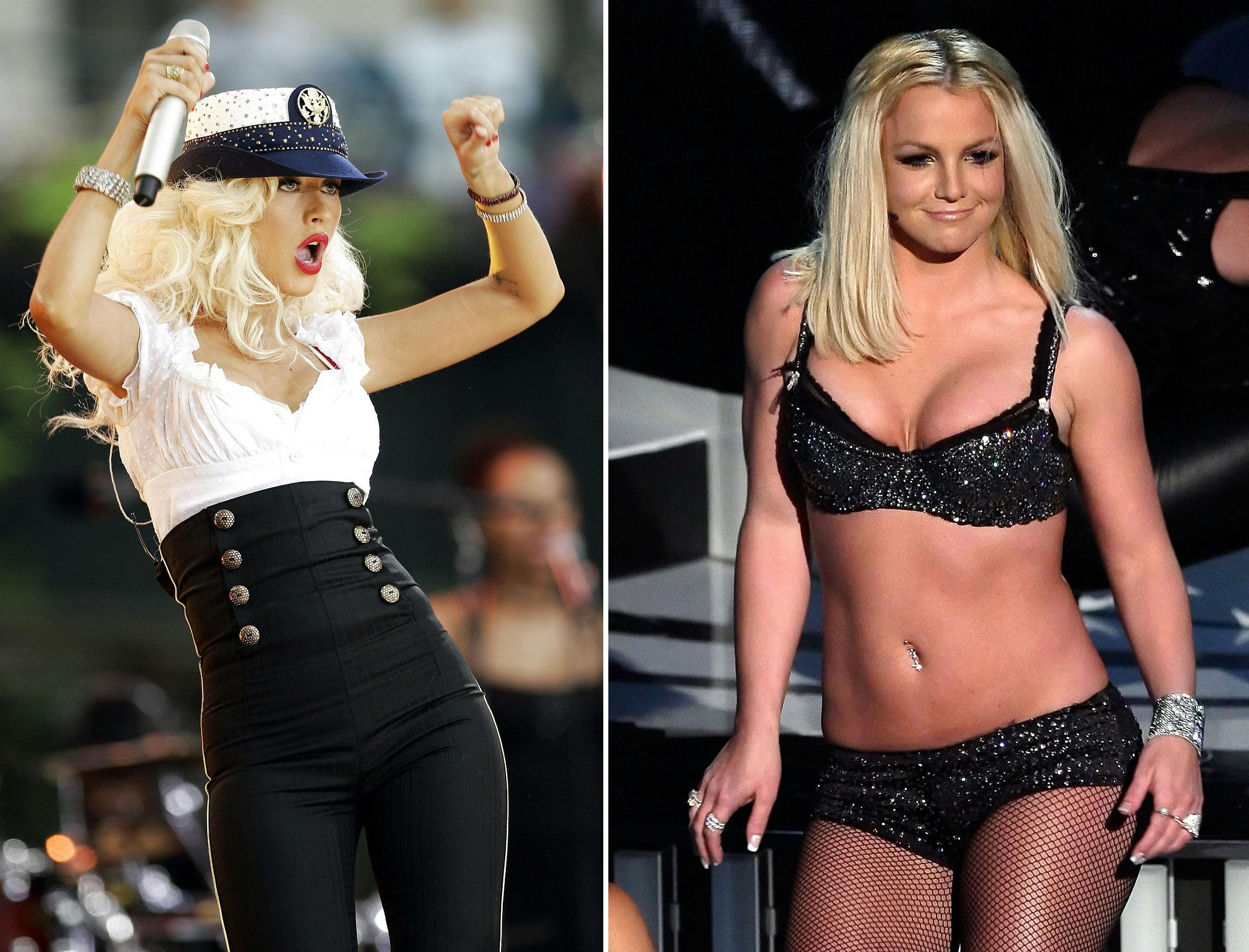 Christina Aguilera og Britney Spears på scenen i henholdsvis 2006 og 2007.