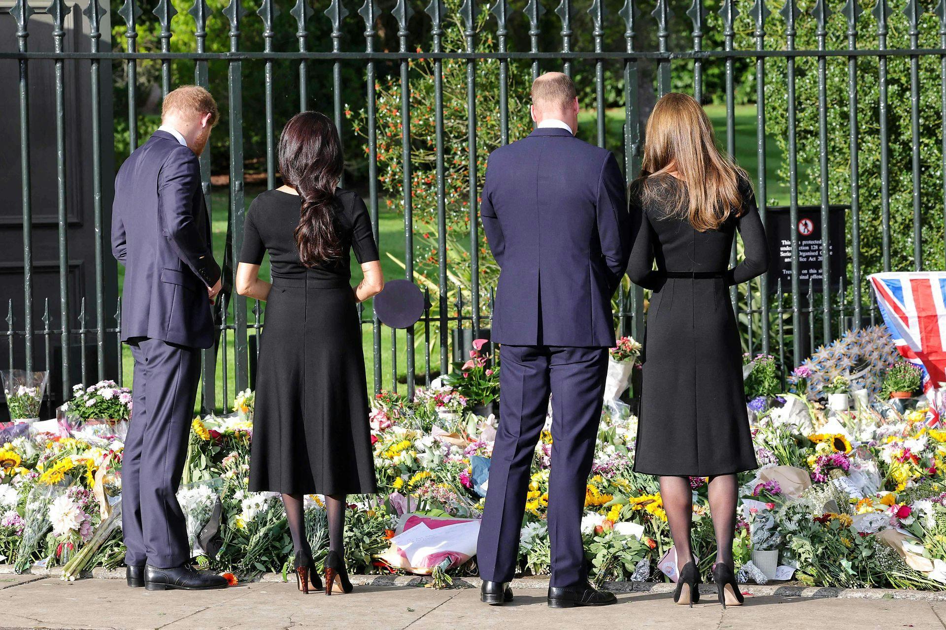 Prins Harry, hertuginde Meghan, prins William og hertuginde Kate kigger på blomsterne foran slottet efter dronningens død.
