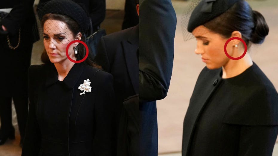 Både øreringene og brochen, som Meghan og Kate bar, bærer på en helt særlig historie. nbsp;