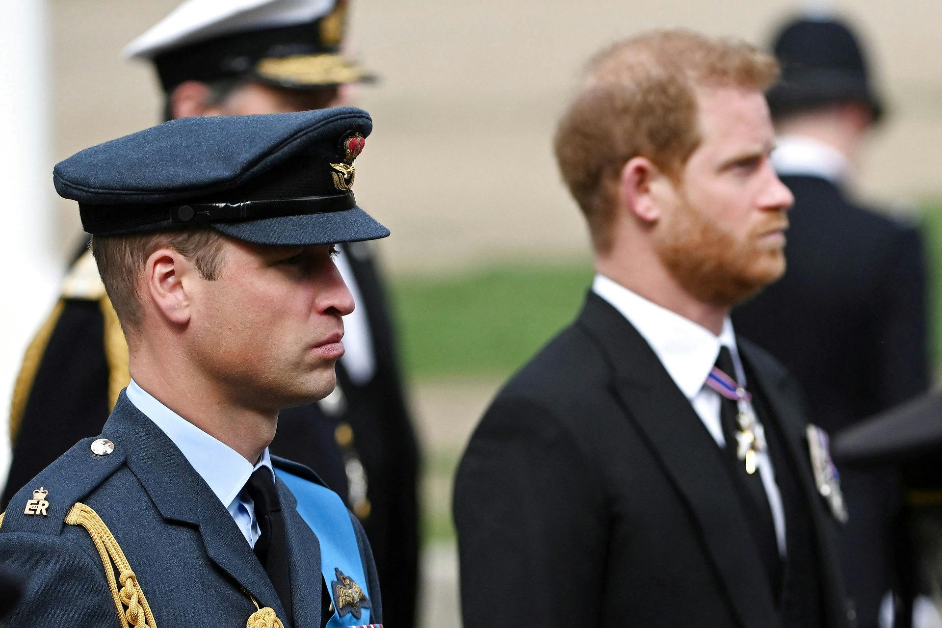 Prins William og prins Harry til dronning Elizabeths statsbegravelse.
