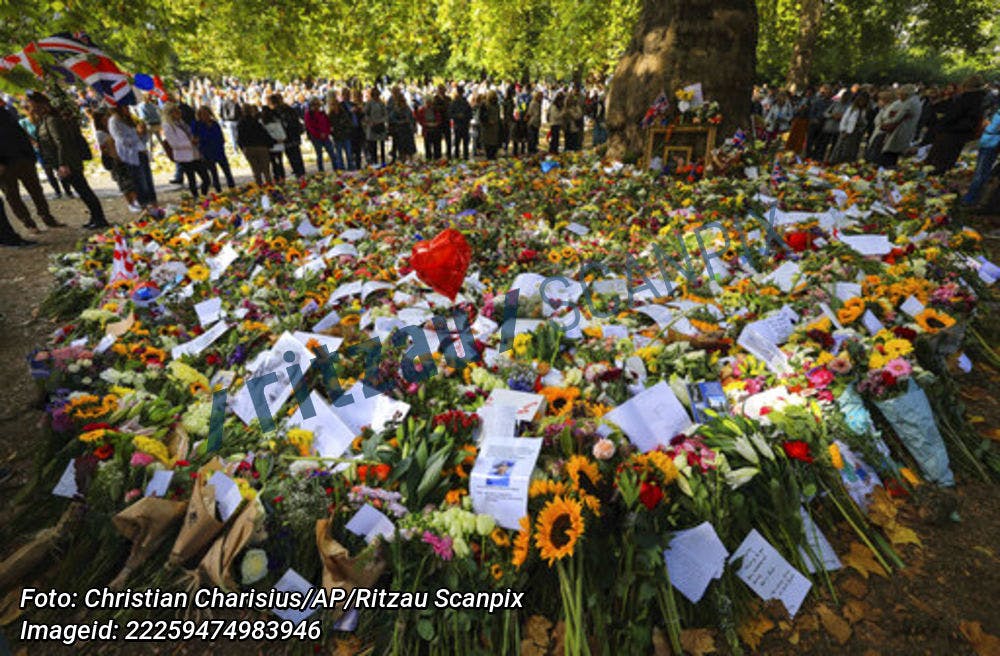 Green Park ved siden af Buckingham Palace var fyldt med blomster efter dronning Elizabeths død.&nbsp;
