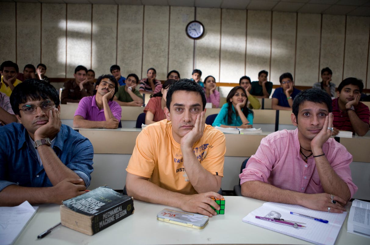 Sharman Joshi som Raju Rastogi, Aamir Khan som Ranchoddas Shamaldas Chanchad og Madhavan som Farhan Qureshi i filmen "3 Idiots".
