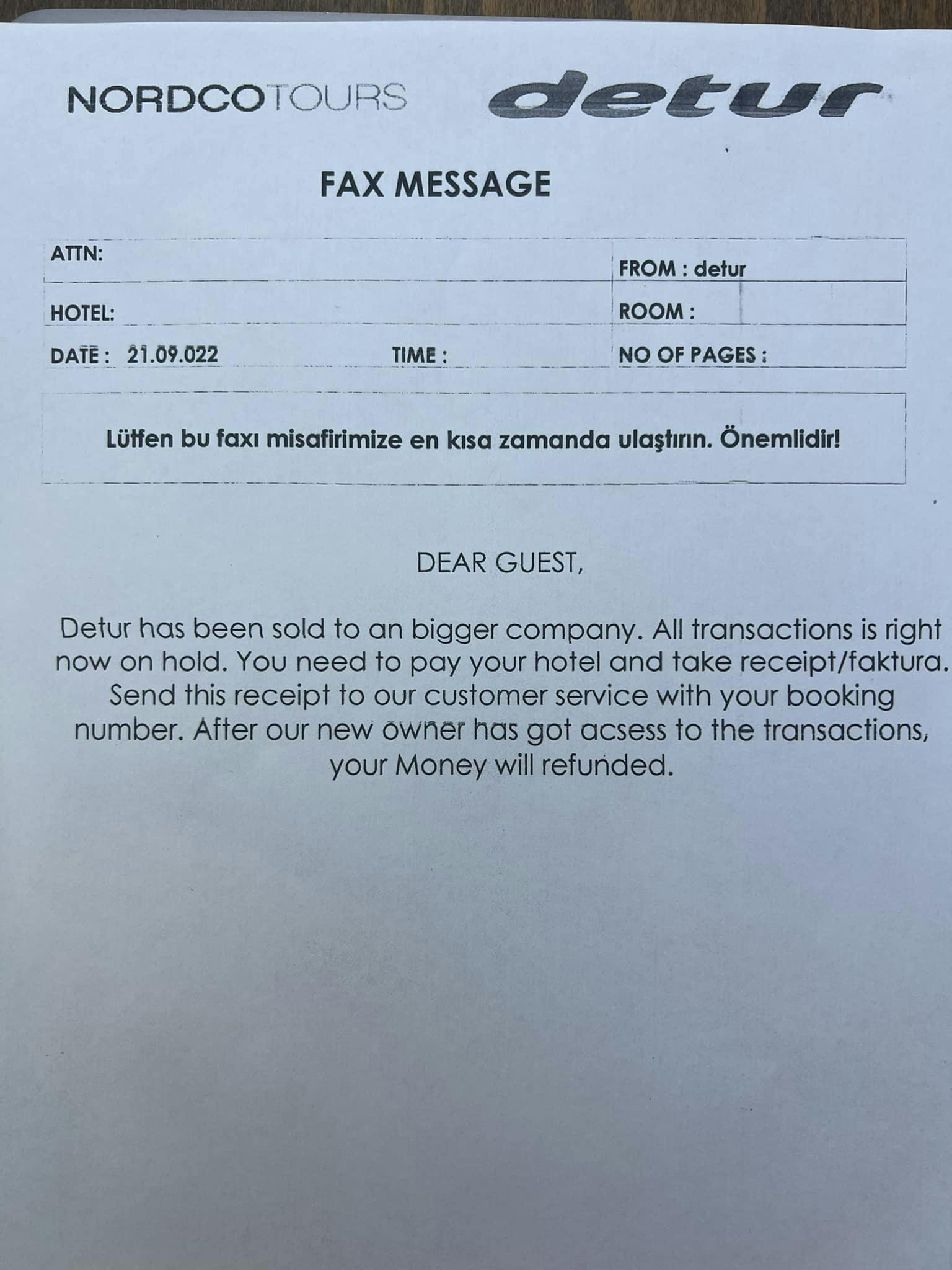 Sådan så beskeden fra Detur ud.