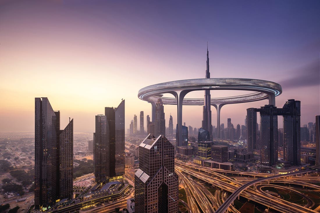 Står det til arkitektfirmaet ZNera Space skal Dubais skyline se sådan her ud. Den cirkelformede bygning skal ifølge arkitekterne "bryde de uendelige skyskrabere".&nbsp;