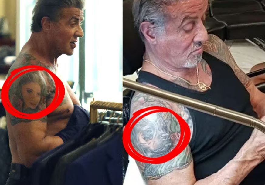 Hollywoodstjernen Sylvester Stallone fik fjernet tatoveringen af sin hustru og erstattede den med en hund. Simpelthen.
