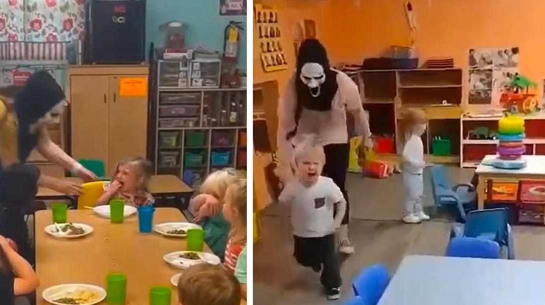 I videoen, der nu er slettet, kan man se de rædselsslagne børn flygte fra den maskeklædte pædagog. nbsp;