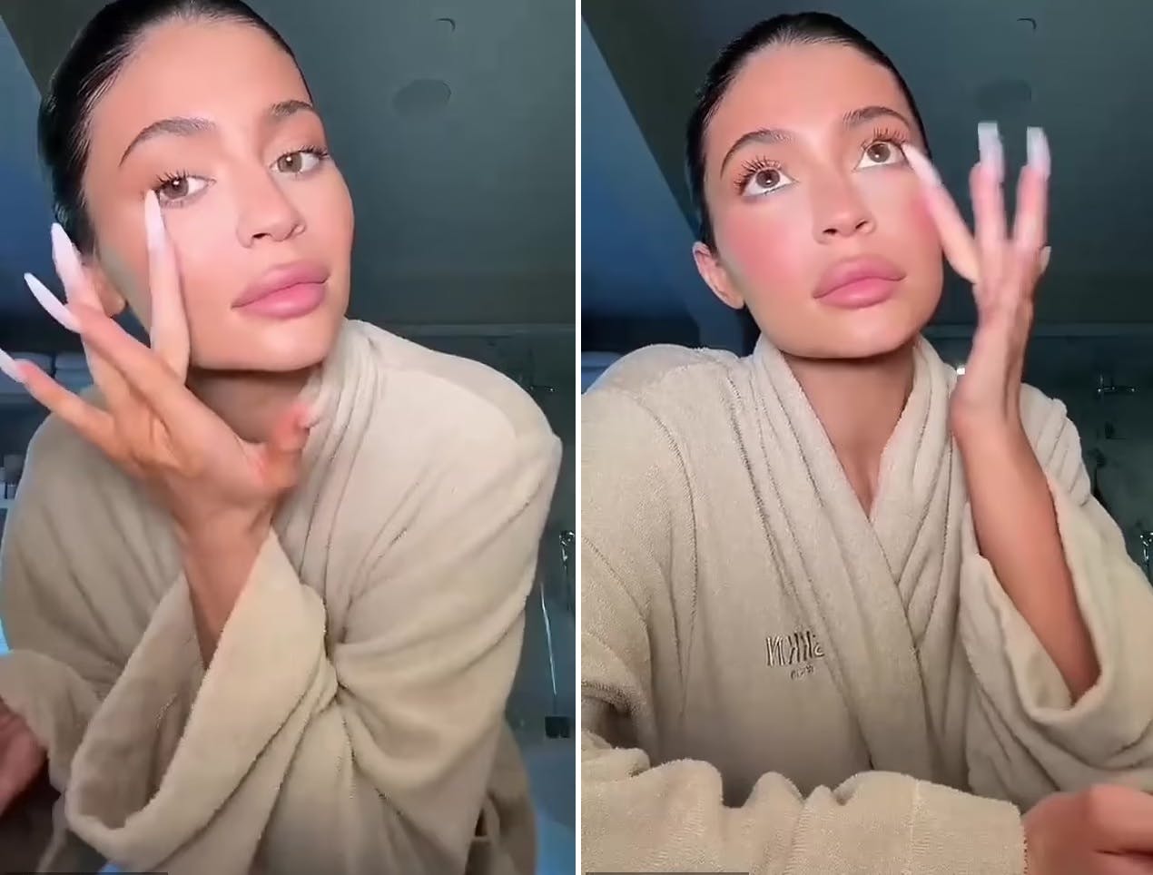 Kylie Jenner forsøger at tage makeup på, men neglene er i vejen.

