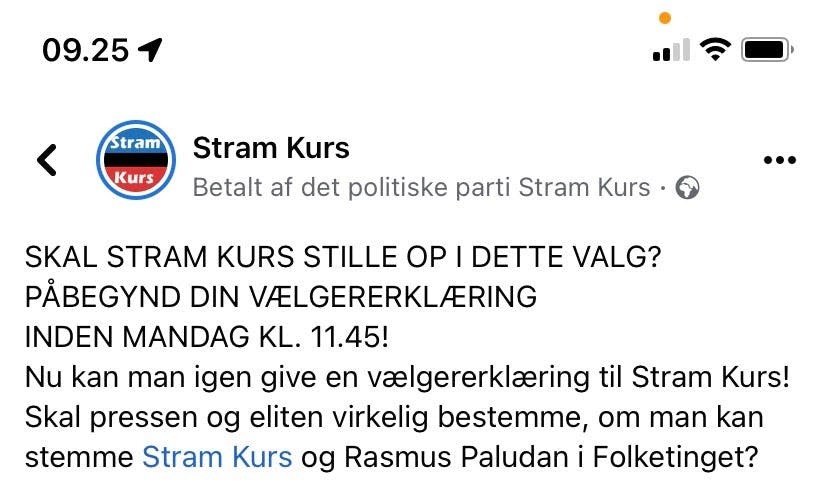 Stram Kurs har de seneste dage købt annoncer som denne på Facebook i forsøget på at skaffe vælgererklæringer nok. Men løbet er kørt, da partiet ikke kan nå at blive opstillet.