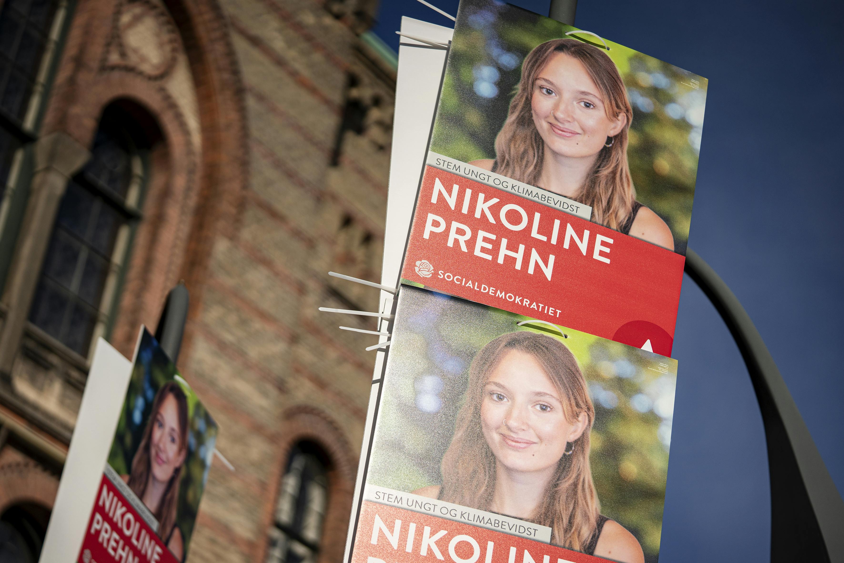 Den socialdemokratiske folketingskandidat Nikoline Prehns valgplakater pryder gadebilledet i København i øjeblikket

