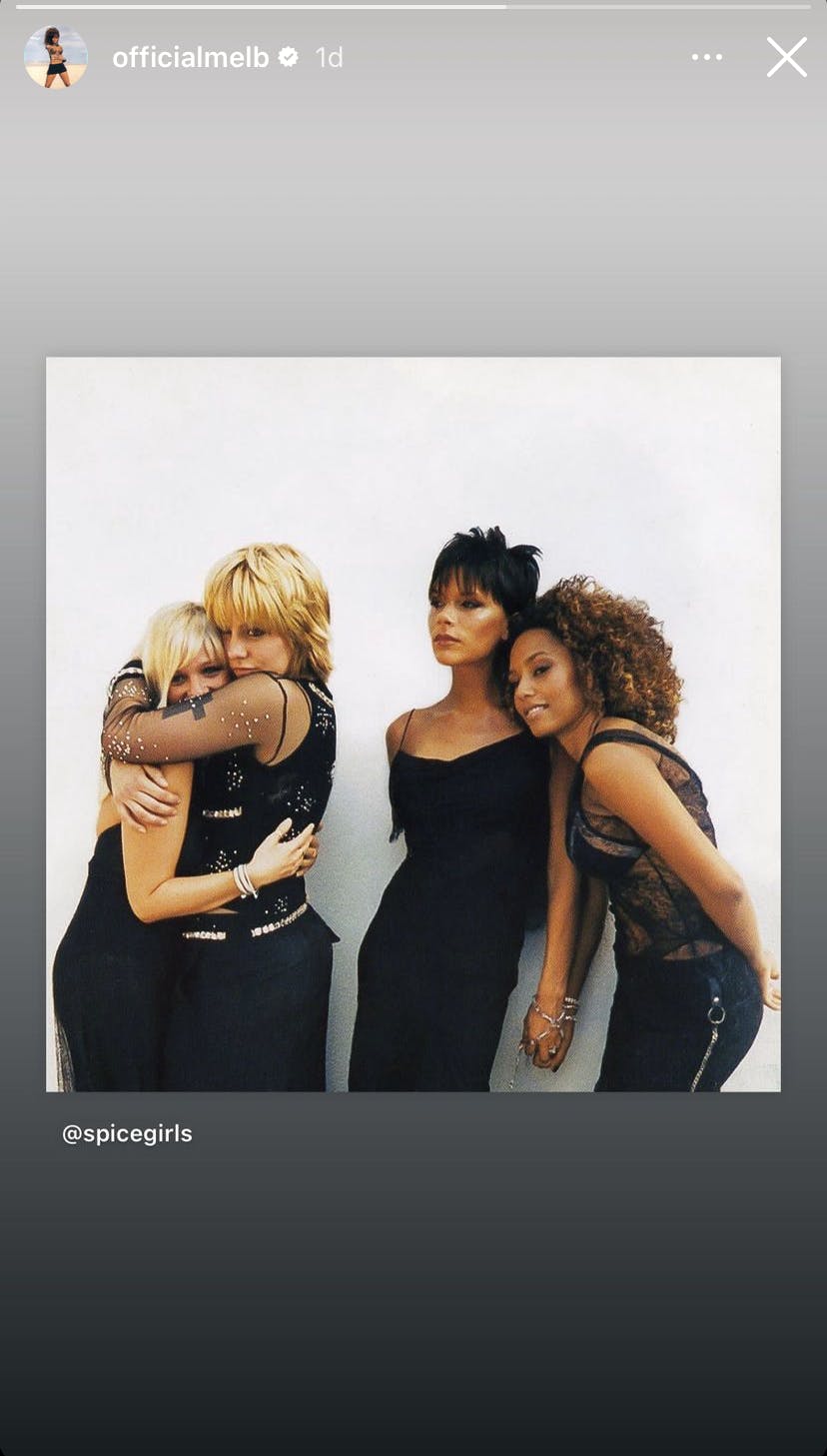Melanie B postede dette billede i sin story efter de fire øvrige medlemmer i weekenden hyggede sig uden hende til Geri Horners 50-års fødselsdag.