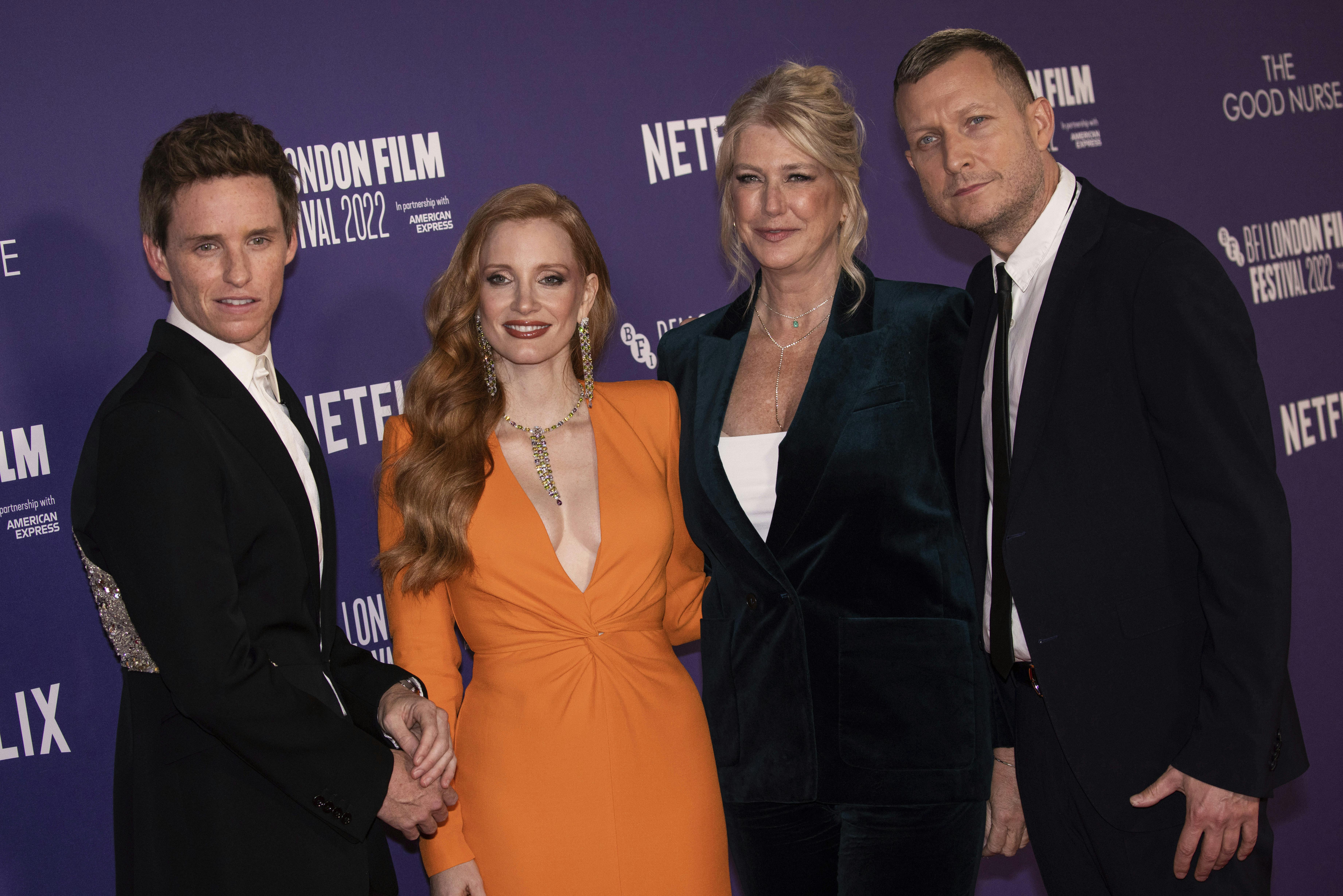 Eddie Redmayne, Jessica Chastain, Amy Loughren og den danske instruktør Tobias Lindholm er her til premiere på "The Good Nurse" i London.&nbsp;
