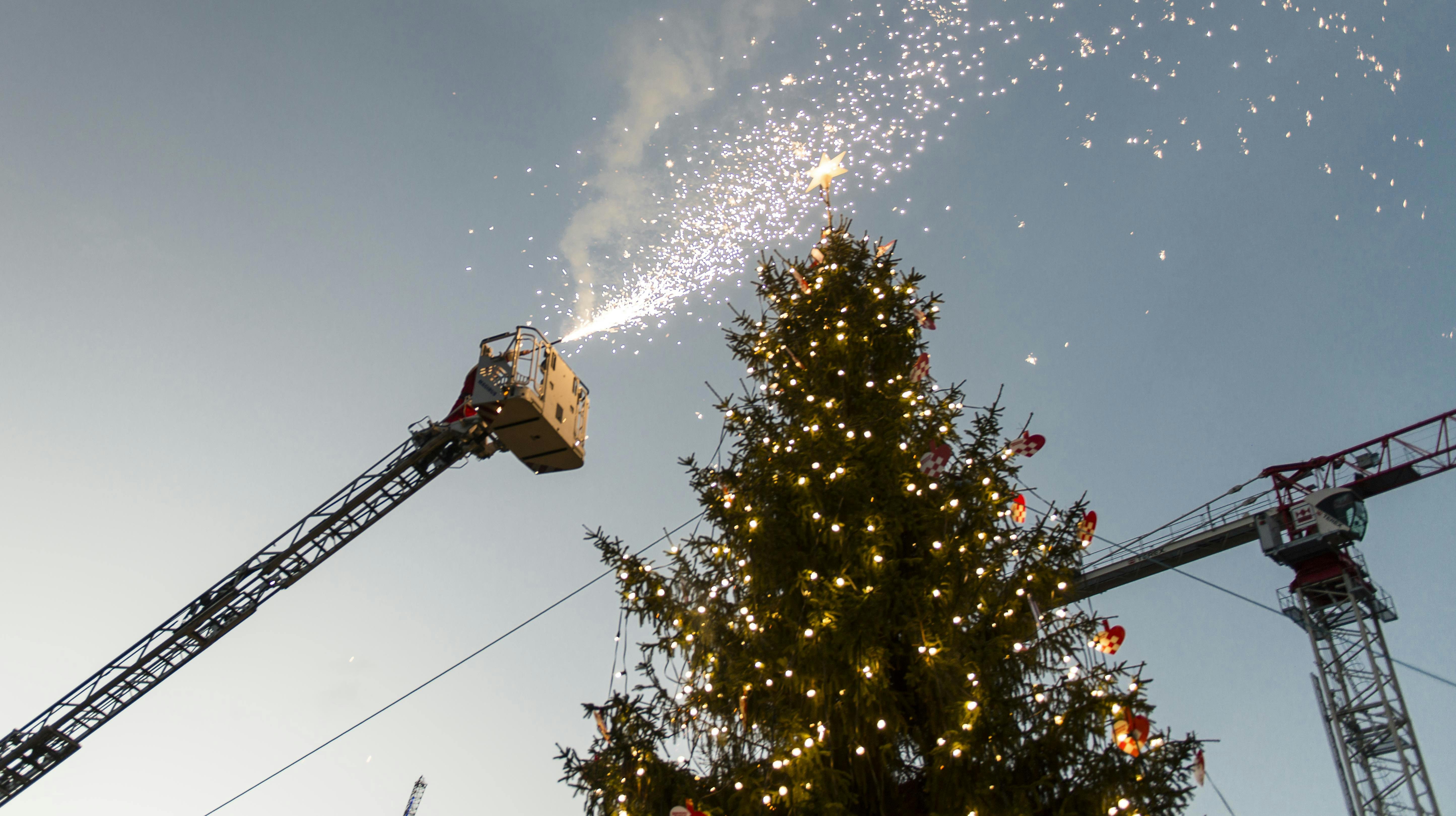 Det kan gå vildt for sig, når juletræer skal tændes. Her er det på Københavns Rådhusplads i 2015. nbsp;
