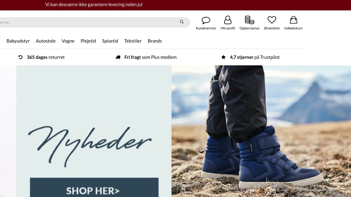 På toppen af sitet står der, at der ikke kan garanteres levering før jul.