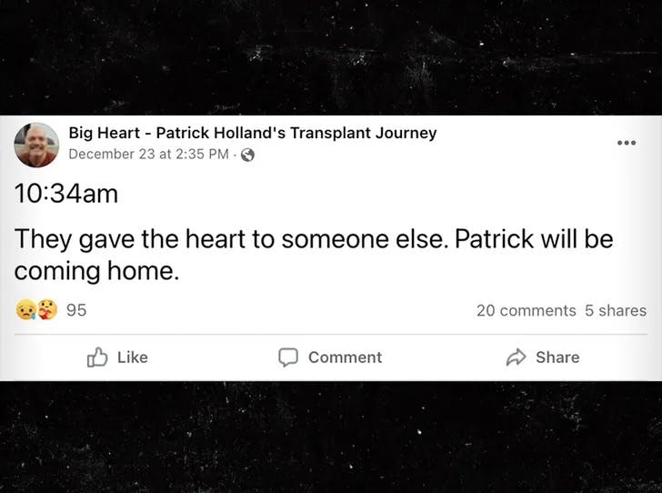 På Facebook kunne man følge med i Patrick Hollands kamp for at nå frem til hjertet i tide.
