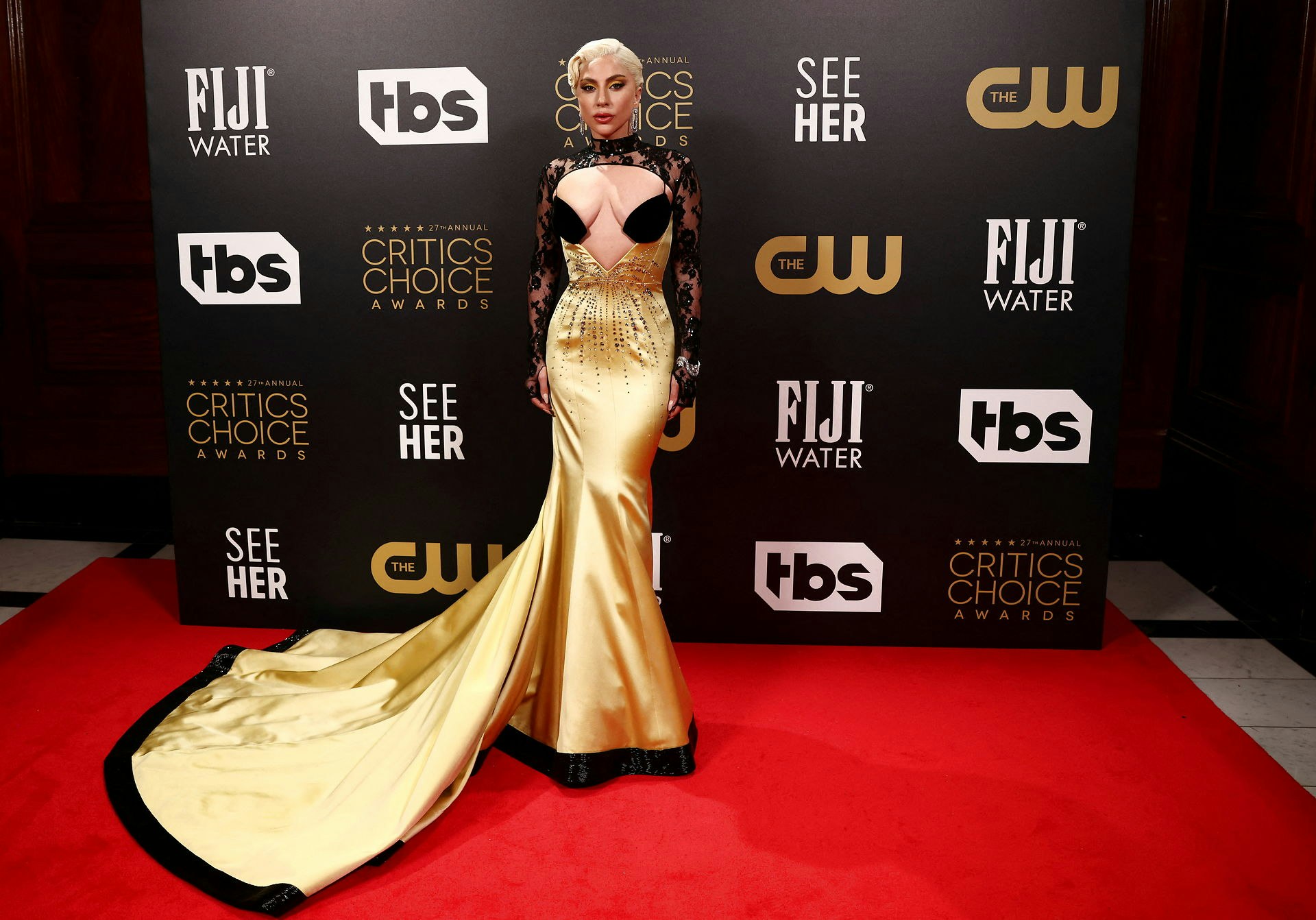 lidelse Sømil Supermarked Se billederne: Lady Gaga ankom i MEGET nedringet kjole | SE og HØR