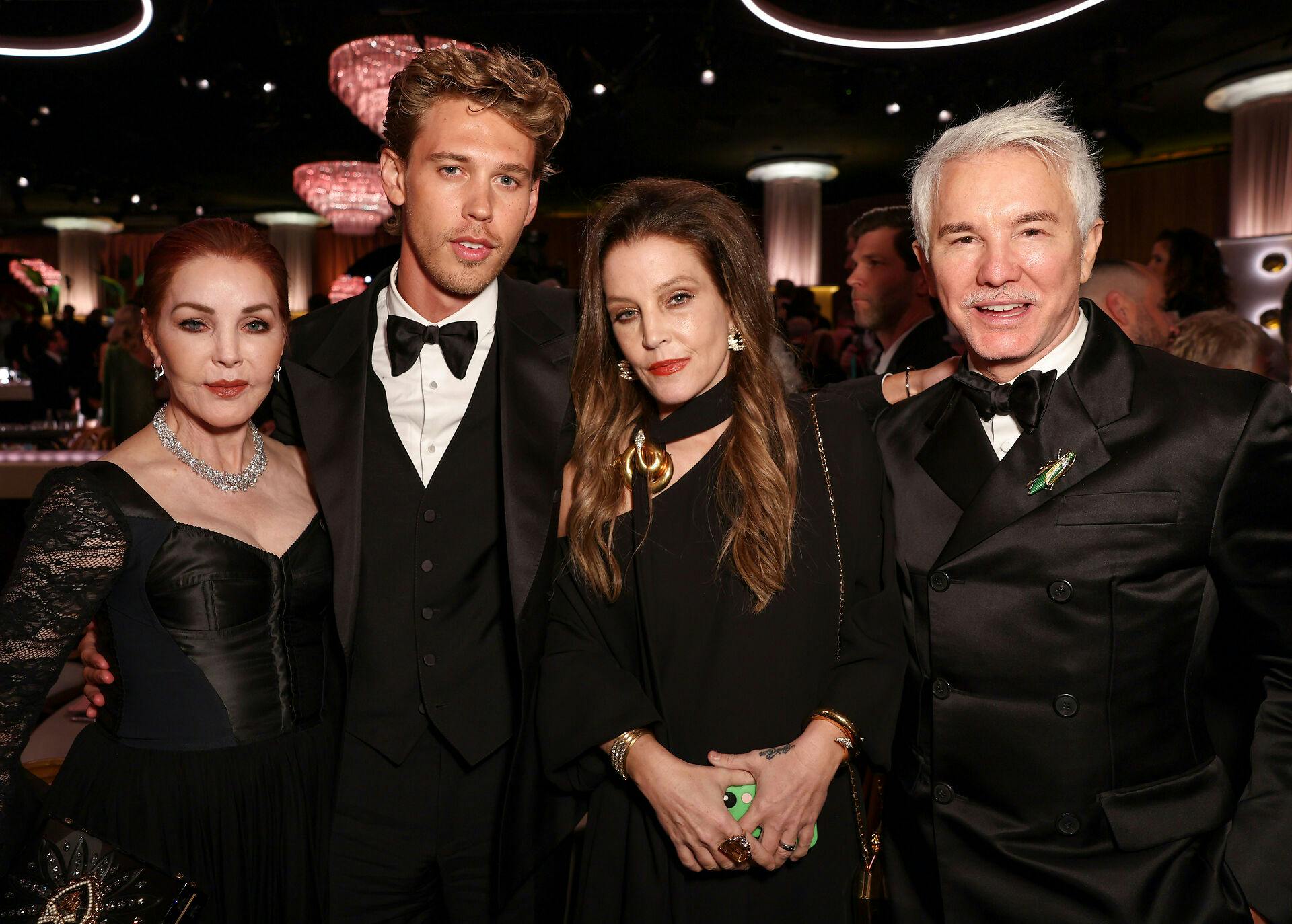 Priscilla Presley, Austin Butler, Lisa Marie Presley og instruktør Baz Luhrmann til Golden Globe forleden.
