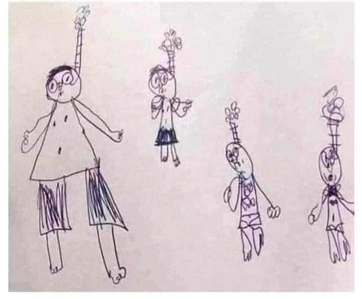 Det var denne tegning, som den 6-årige elev havde tegnet - og som fik læreren til at gå en smule i panik.