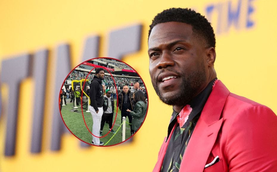 Kevin Hart så noget lavere ud end normalt, da han søndag stod ved siden af NBA-spilleren Joel Embiid.
