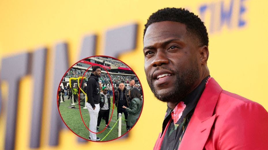 Kevin Hart så noget lavere ud end normalt, da han søndag stod ved siden af NBA-spilleren Joel Embiid.