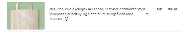 En mulepose er lige nu til salg for 700 kroner på Den Blå Avis.