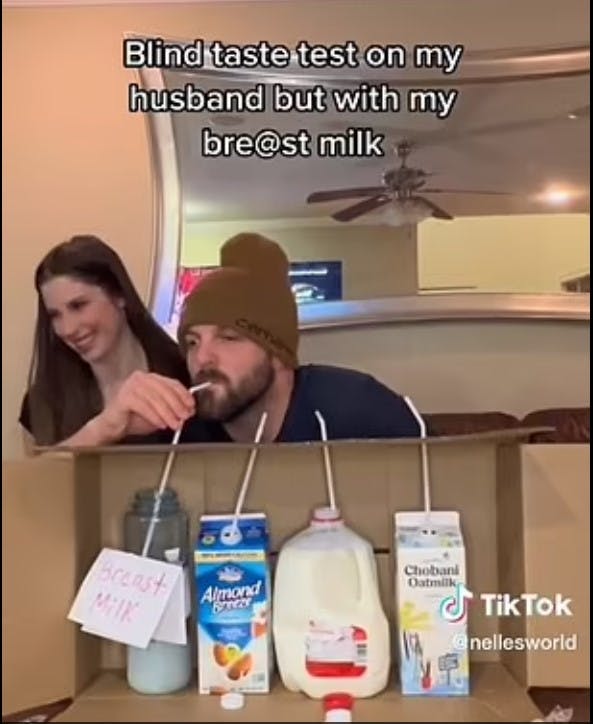 Joshuas kone kan ikke lade være med at grine, da hun, uden hans viden, serverer ham brystmælk i en blindsmagning. 