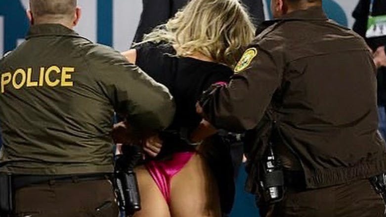 Kelly Kay nåede knap nok at lande, før hun blev stoppet af sikkerhedsvagter og politiet, der efterfølgende eskorterede hende ud af stadion.