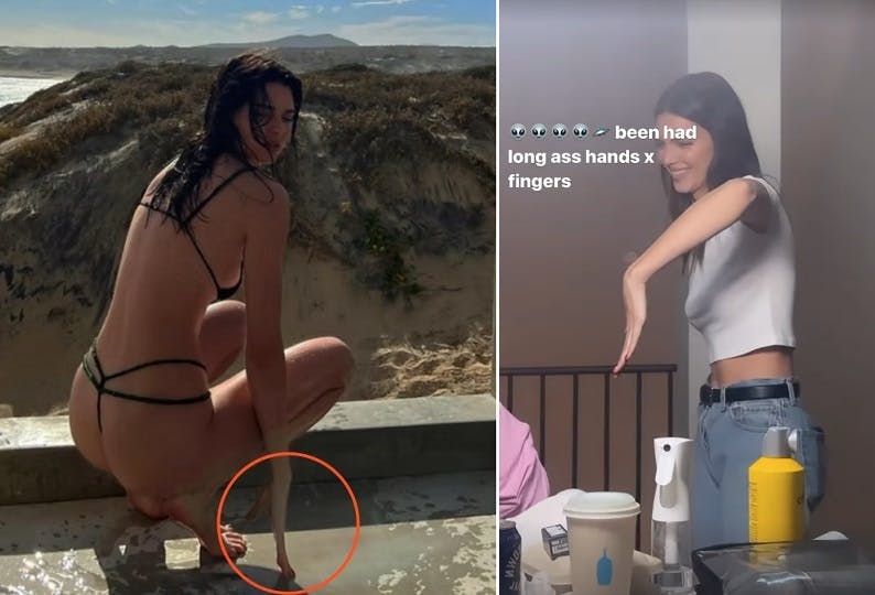 Til venstre ses bikinibilledet, og til højre viser Kendall Jenner sine lange hænder frem.
