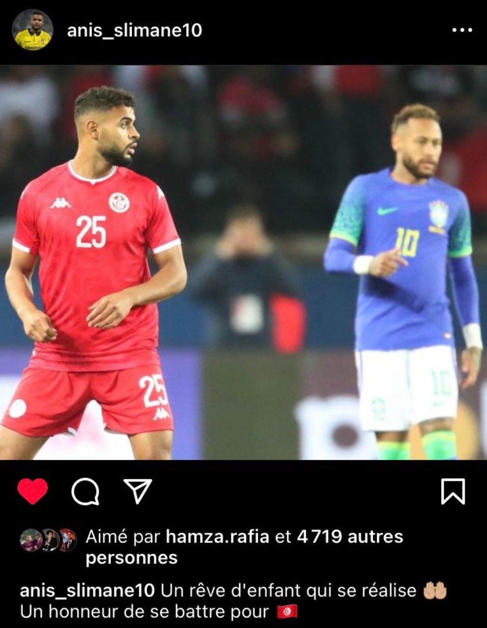 Anis Slimane har spillet 26 landskampe for Tunesien. Blandt andet en venskabskamp mod Brasilien, hvor han stod over for den brasilianske superstjerne Neymar.