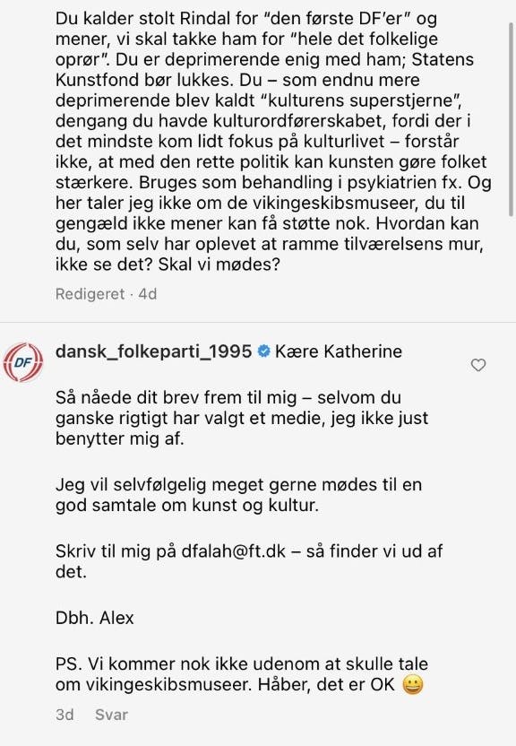 Screenshot af Alex Ahrendtsens svar, der tilsyneladende kun er synligt for DF og Katherine Diez selv.
