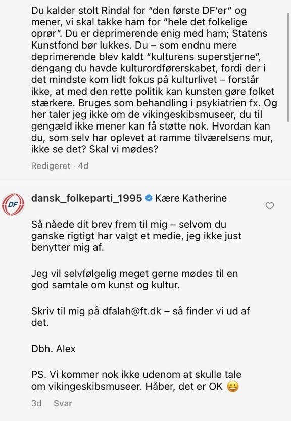 Screenshot af Alex Ahrendtsens svar, der tilsyneladende kun er synligt for DF og Katherine Diez selv.