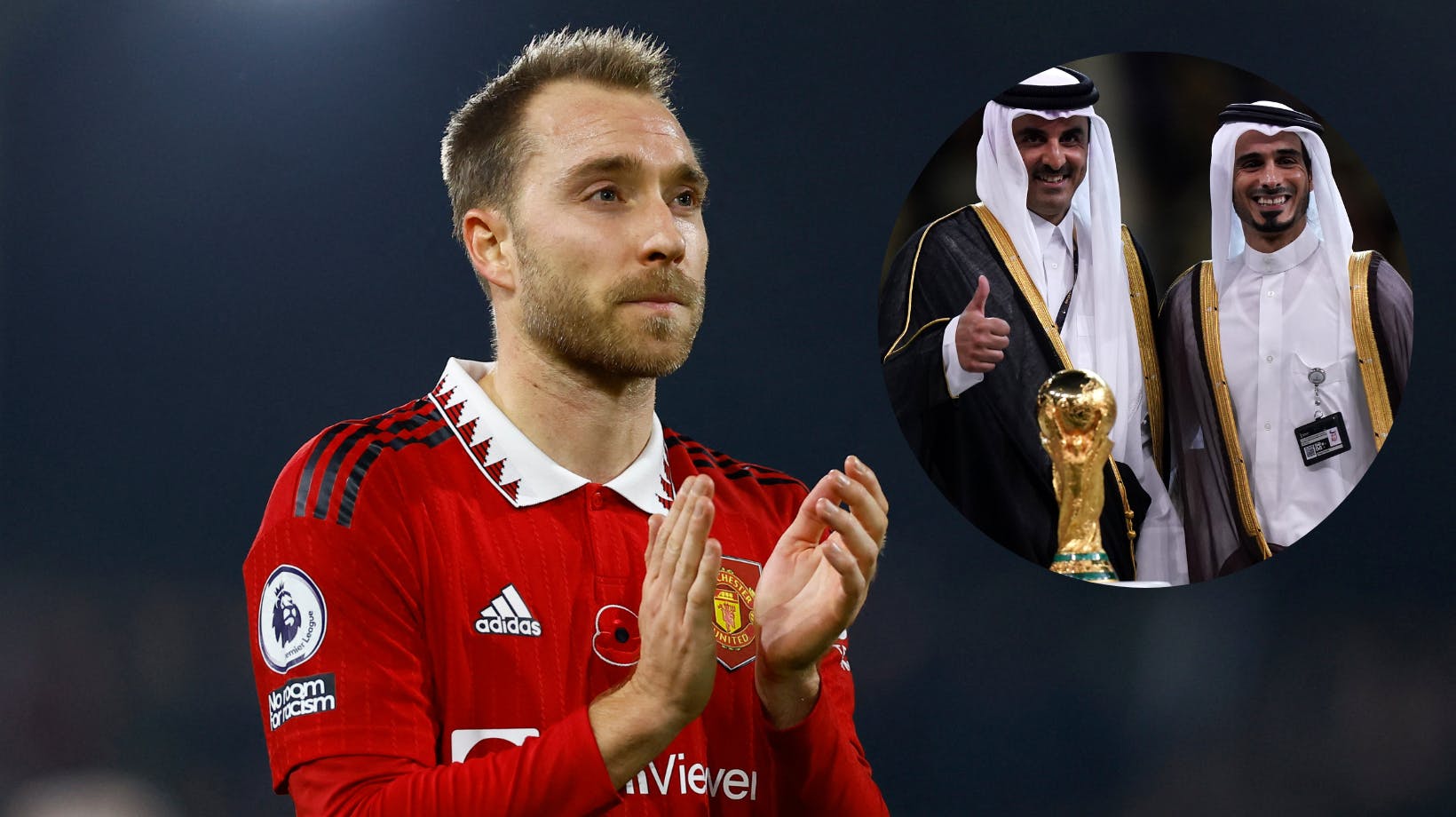 Det er Jassim bin Hamad bin Jaber Al Thani (th. i cirklen) der har lagt et bud på Manchester United, der har danske Christian Eriksen på lønningslisten.