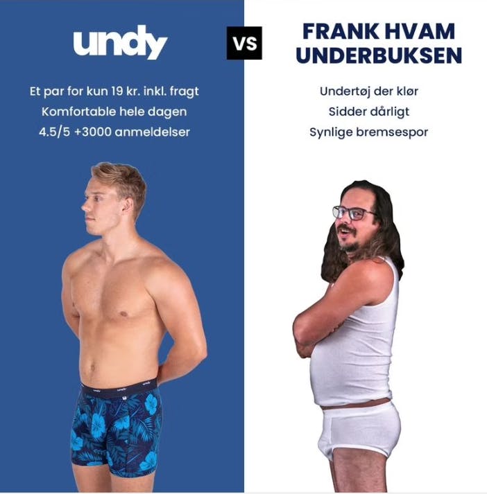 Det er denne reklame, der i følge Frank Hvam slet, slet ikke yder hans ikoniske underbukser retfærdighed. 