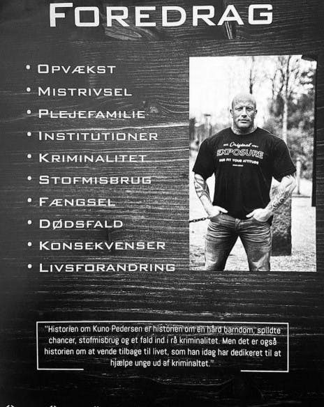 7. marts klokken 19 går Kuno "på scenen" i Bistrup Kirke i Hjørring for at give endnu et foredrag om sin barske fortid. Indtjeningen går ubeskåret til landets hospitalsklovne rundt om i landet.