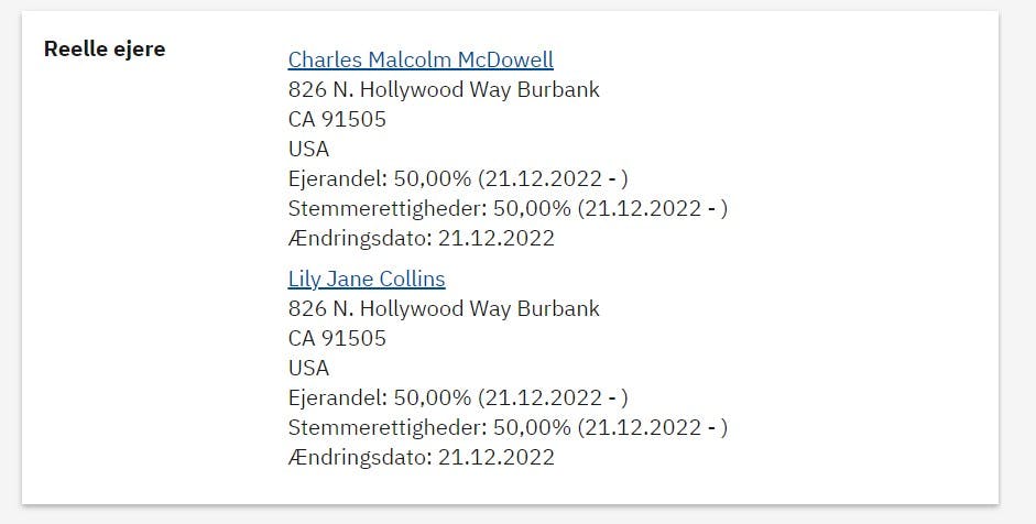 I det danske virksomhedsregister kan man se, at millionærparret ejer firmaet, som nu har købt den danske pragtbolig. Firmaet har formelt adresse hos advokatfirmaet Gorrissen Federspiel.