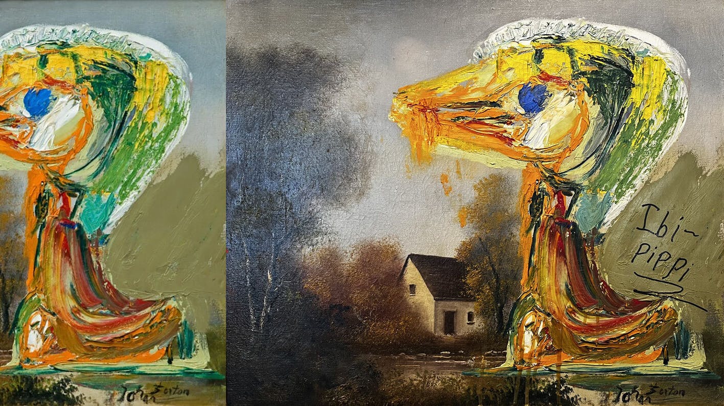 Maleriet før hærværk til venstre og efter hærværk til højre. Fredag den 29. april 2022 blev der begået hærværk mod maleriet "Den Foruroligende Ælling" af Asger Jorn. Hærværket fandt sted på Museum Jorn i Silkeborg.