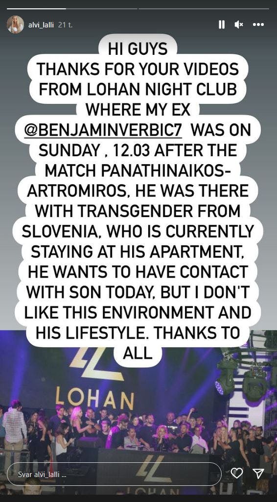 Benjamin Verbic' ekskæreste Alvina Tsarenkos har skrevet følgende på sin Instagram.
